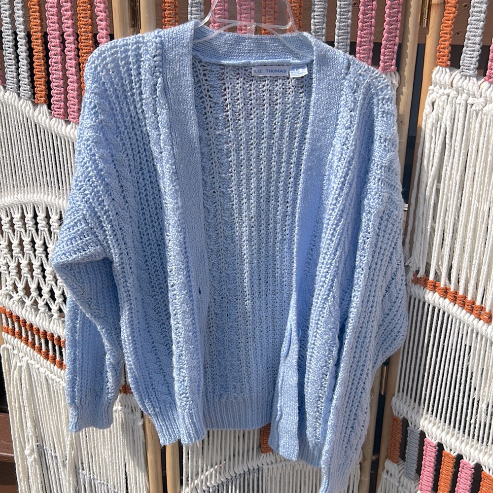 Liz Thomas vintage acrylic cable knit cardigan lovely baby blue